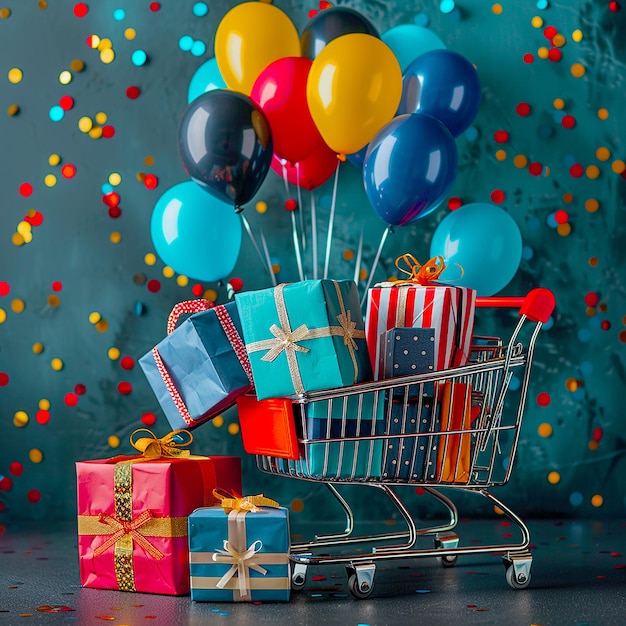 Black Friday background of shopping bags in cart with gifts and balloons for cyber monday