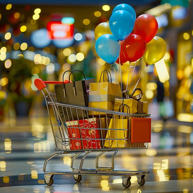 Black Friday background of shopping bags in cart with gifts and balloons for cyber monday