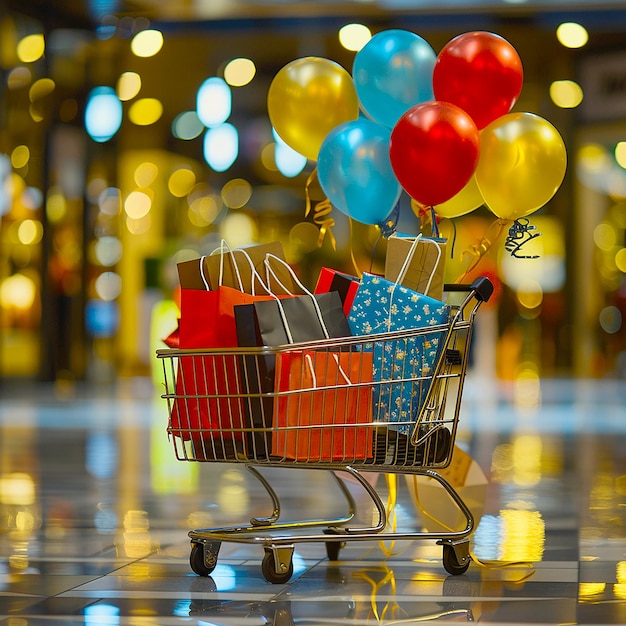 Black Friday background of shopping bags in cart with gifts and balloons for cyber monday