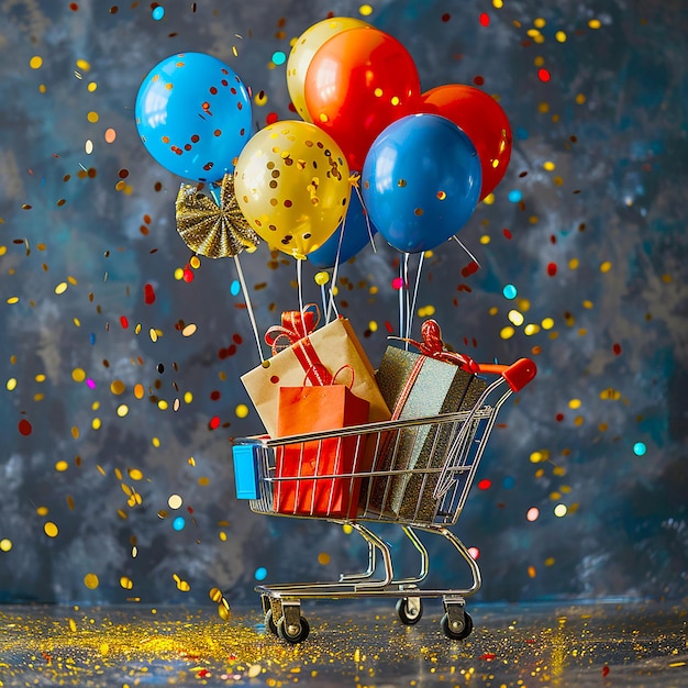 Black Friday background of shopping bags in cart with gifts and balloons for cyber monday