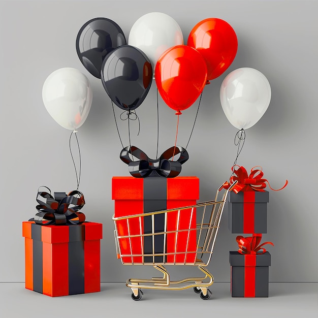 Black Friday background of shopping bags in cart with gifts and balloons for cyber monday