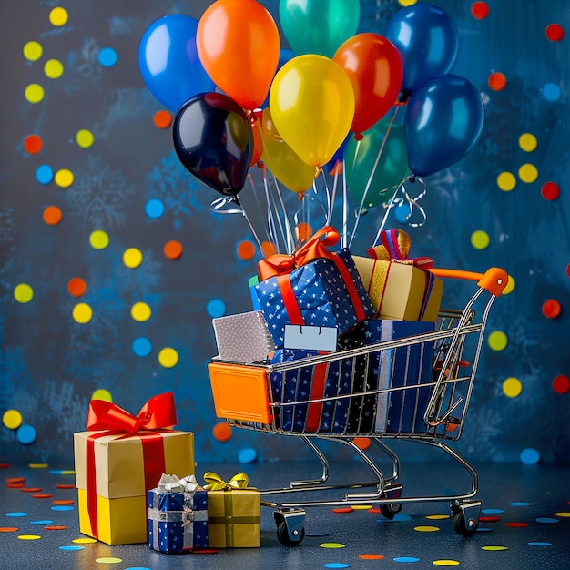 Black Friday background of shopping bags in cart with gifts and balloons for cyber monday