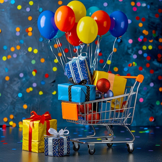 Black Friday background of shopping bags in cart with gifts and balloons for cyber monday