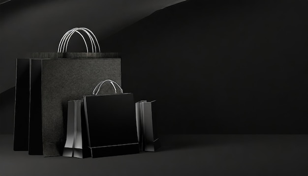 Black Friday concept black paper shopping bags on black background Black friday banner sale shopping AI generated