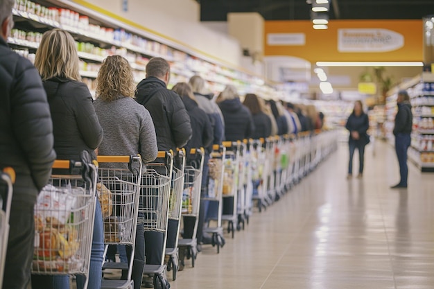 Photo black friday customers are waiting in line with shopping carts in supermarket during black friday sales