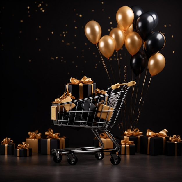 Black Friday elegant background with shopping cart black gift boxes and balloons