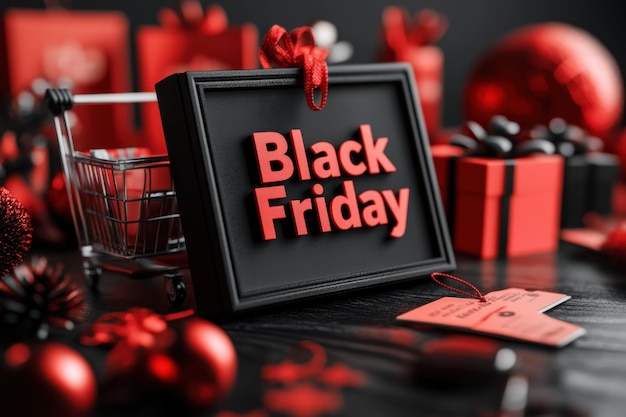 Black Friday promotional display with red and black elements shopping cart and gifts