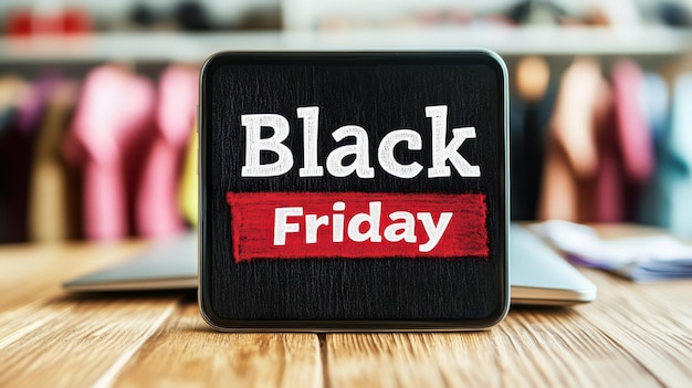 Black Friday promotional sign on a wooden table with clothing in the background