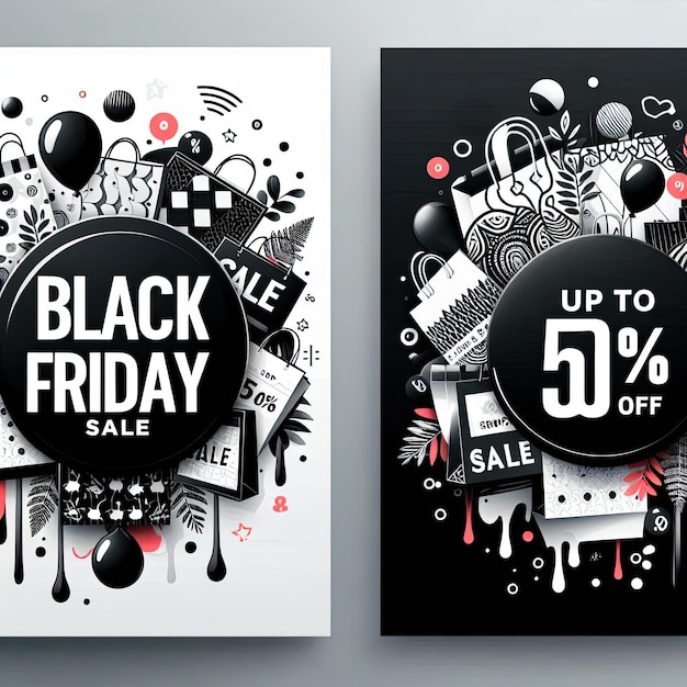 Photo black friday sale banner 3d red and black realistic glossy balloons with text and discount tag white pattern background vector illustration