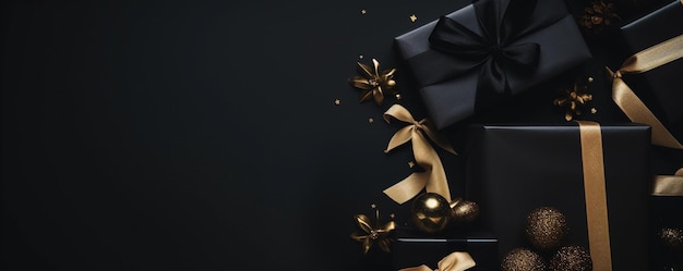 Black Friday sale banner Gift boxes with gold ribbons on a dark background copy space AI generated