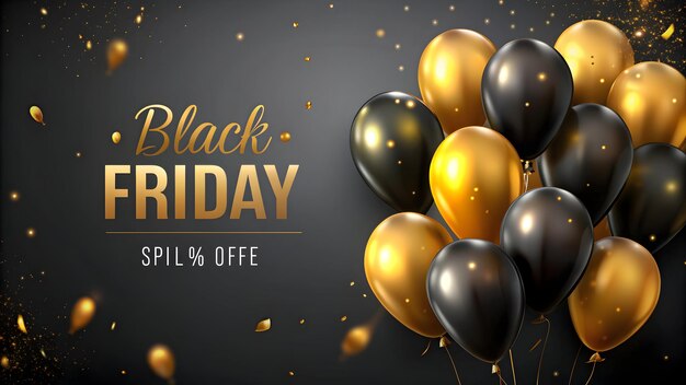 Photo black friday sale banner poster with realistic golden and black balloons