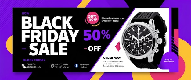 Photo black friday sale banner stylish watch 50 off vibrant design order now social media engagement