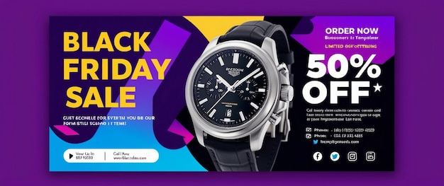 Photo black friday sale banner stylish watch 50 off vibrant design order now social media engagement