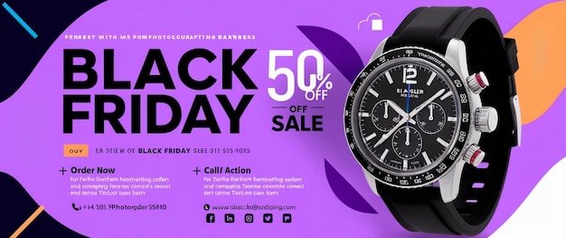 Photo black friday sale banner stylish watch 50 off vibrant design order now social media engagement