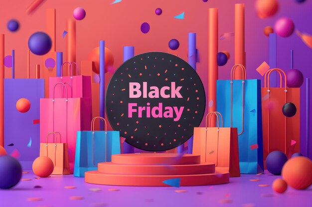 Photo black friday sale banner template with a podium and shopping bags