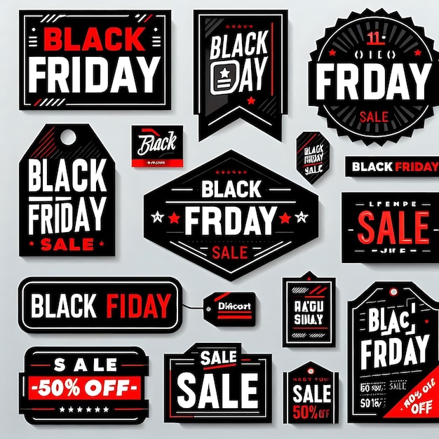 Black friday sale ribbon banners collection isolated Vector price tags isolated on black background