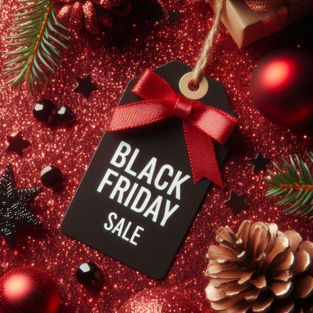 Black Friday sale tag featured on a festive red glittery background