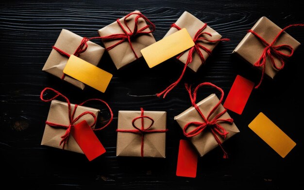 Black Friday Sale tag and gift boxes with ribbons on black background