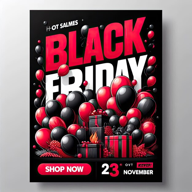 Photo black friday sale typographic design 3d stylized red color letters with glossy balloons white background vector illustration