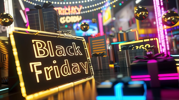 Black friday shopping spree 3d design with floating gifts and discounts