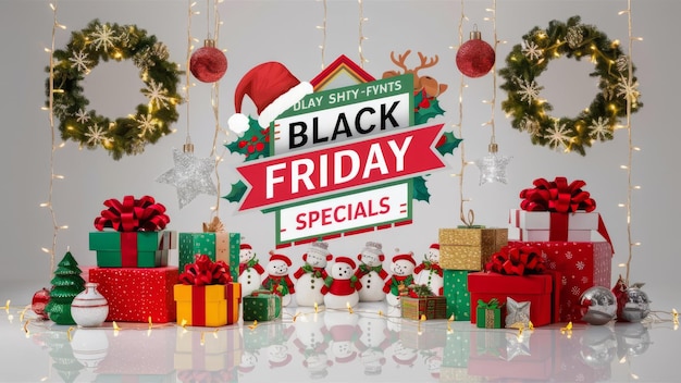 Black Friday Specials sale greeting with Christmas gift festive decorations on a white background