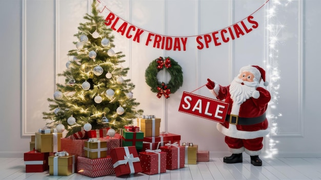 Black Friday Specials sale greeting with Christmas gift festive decorations on a white background