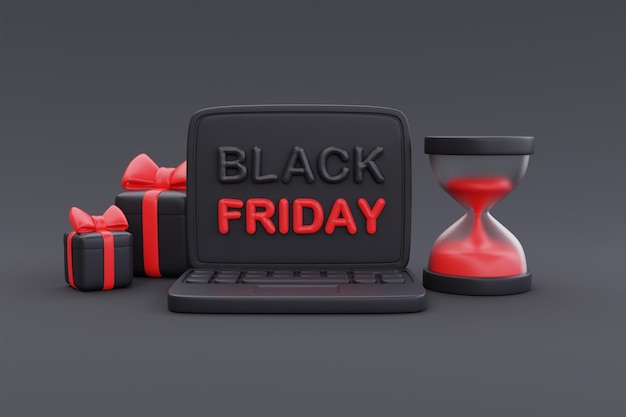 Black Friday Super Sale with computer Houseglass and gift boxes Christmas and Happy New Year promotion 3d rendering