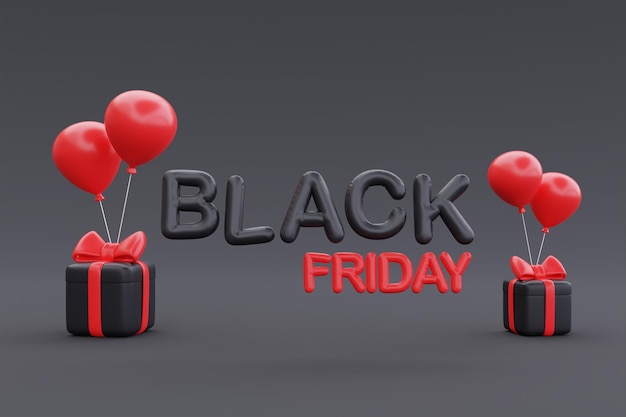 Black Friday Super Sale with gift boxes and balloon Christmas and Happy New Year promotion 3d rendering