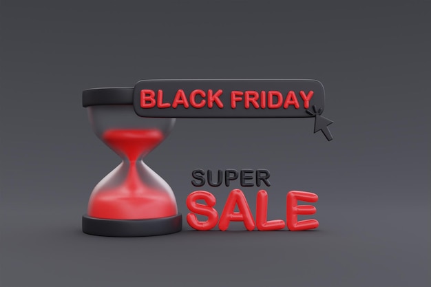 Black Friday Super Sale with Houseglass Christmas and Happy New Year promotion 3d rendering