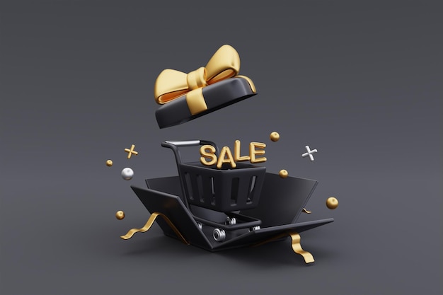 Black Friday Super Sale with opened gift boxes Christmas and Happy New Year promotion 3d rendering