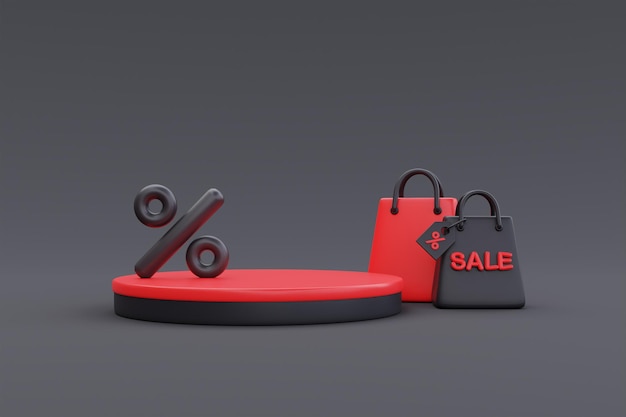 Black Friday Super Sale with podium display and shopping bags Christmas and Happy New Year promotion 3d rendering