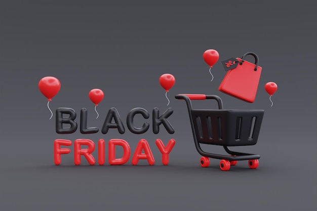 Black Friday Super Sale with shopping cart and bags Christmas and Happy New Year promotion 3d rendering