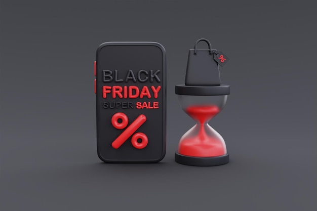 Black Friday Super Sale with smartphone Houseglass and shopping bag Christmas and Happy New Year promotion 3d rendering