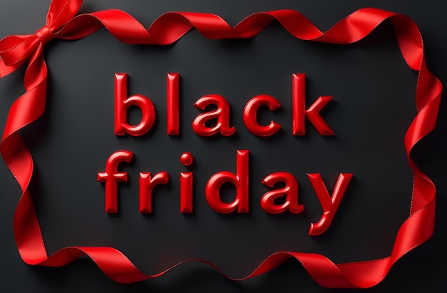 Photo black friday text in red dimensional letters in a red frame with a satin ribbon