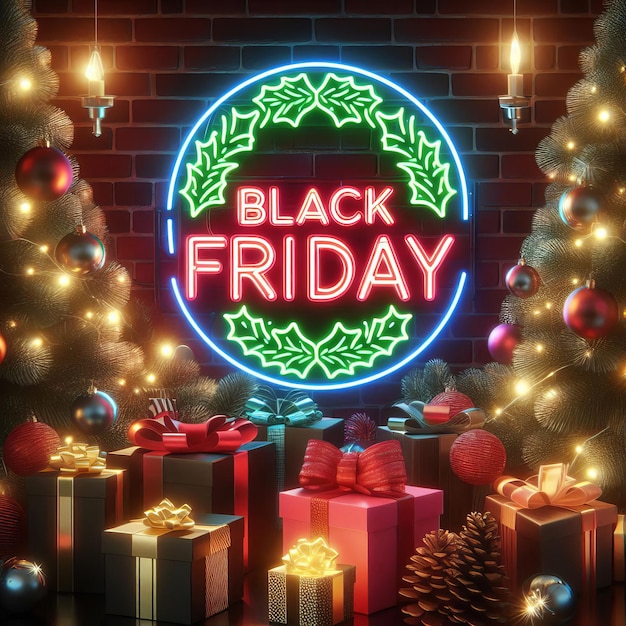 Photo black friday with christmas background neon light effect social media post image