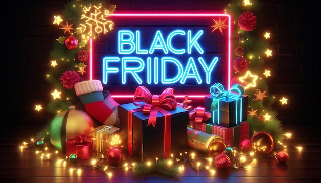 Photo black friday with christmas background neon light effect social media post image