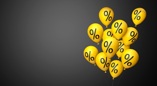 Photo black friday yellow balloons with a percent symbol on black background copy space 3d rendering