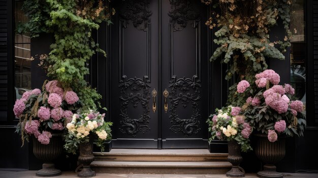 Black front door decorated with potted plants black front door trademarks