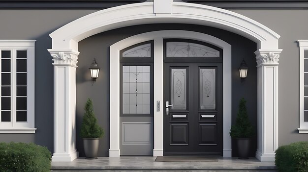 Black front door with porch Frenchstyle villa with columns on the exterior