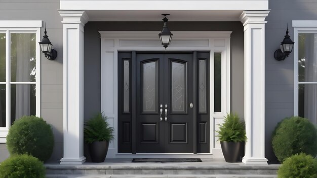 Black front door with porch Frenchstyle villa with columns on the exterior