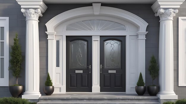 Black front door with porch Frenchstyle villa with columns on the exterior