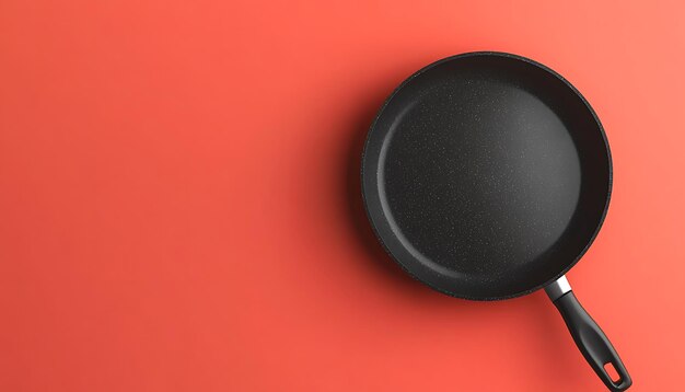 Photo black frying pan on a coral background