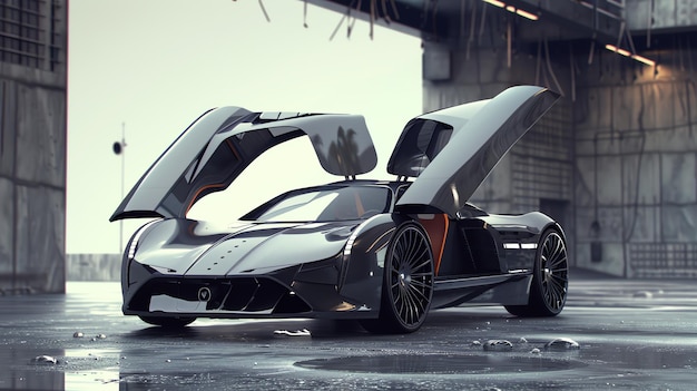 A black futuristic sports car with doors open