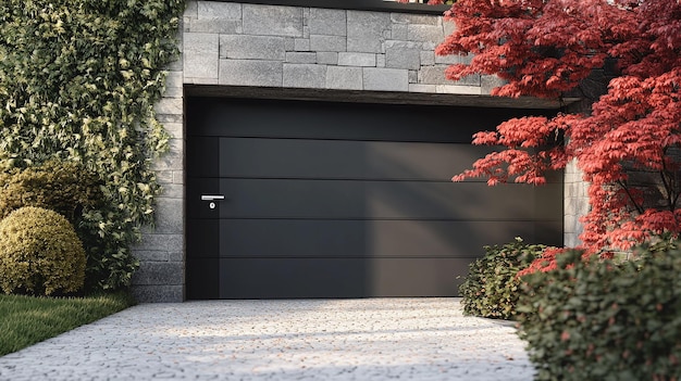 a black garage door with a silver handle is open to a driveway