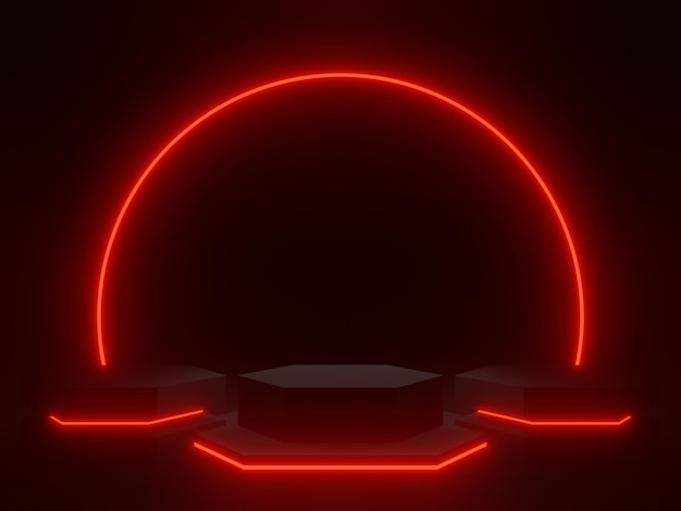 Black geometric podium with red neon lights SciFi mock up