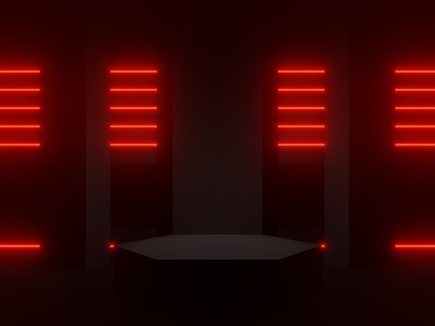 Black geometric podium with red neon lights SciFi mock up