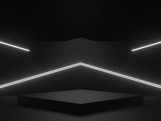 Black geometric podium with white neon lights SciFi mock up