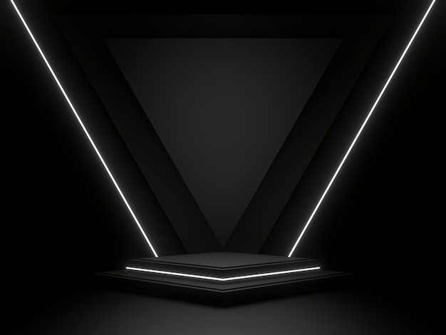 Black geometric stage podium and neon light Dark background