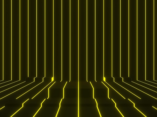 Black geometric stage with yellow neon lights