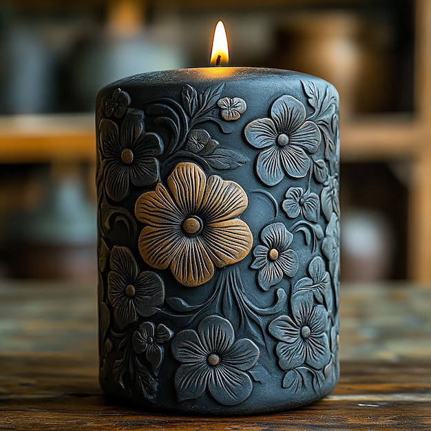 Photo a black ghost festival style round column candle with embossed flower patterns on it covered with c